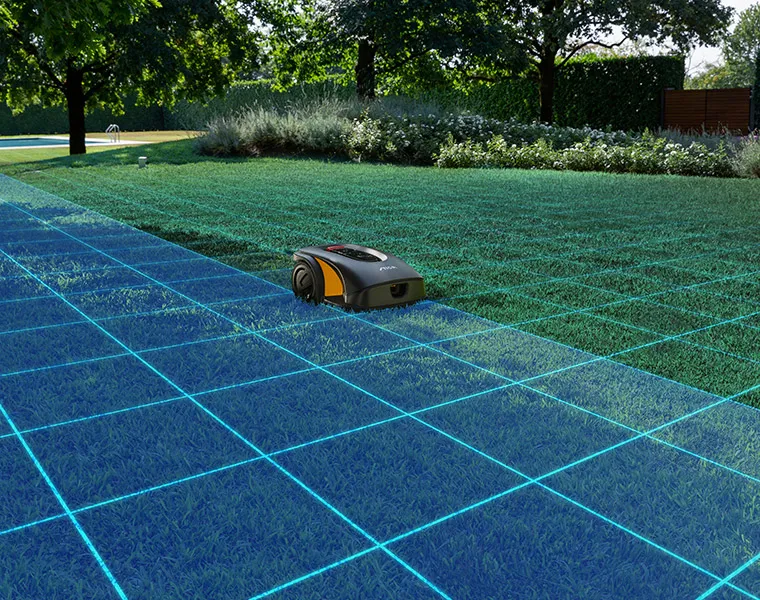 Autonomous robot mower working on a garden that present the virtual mapping